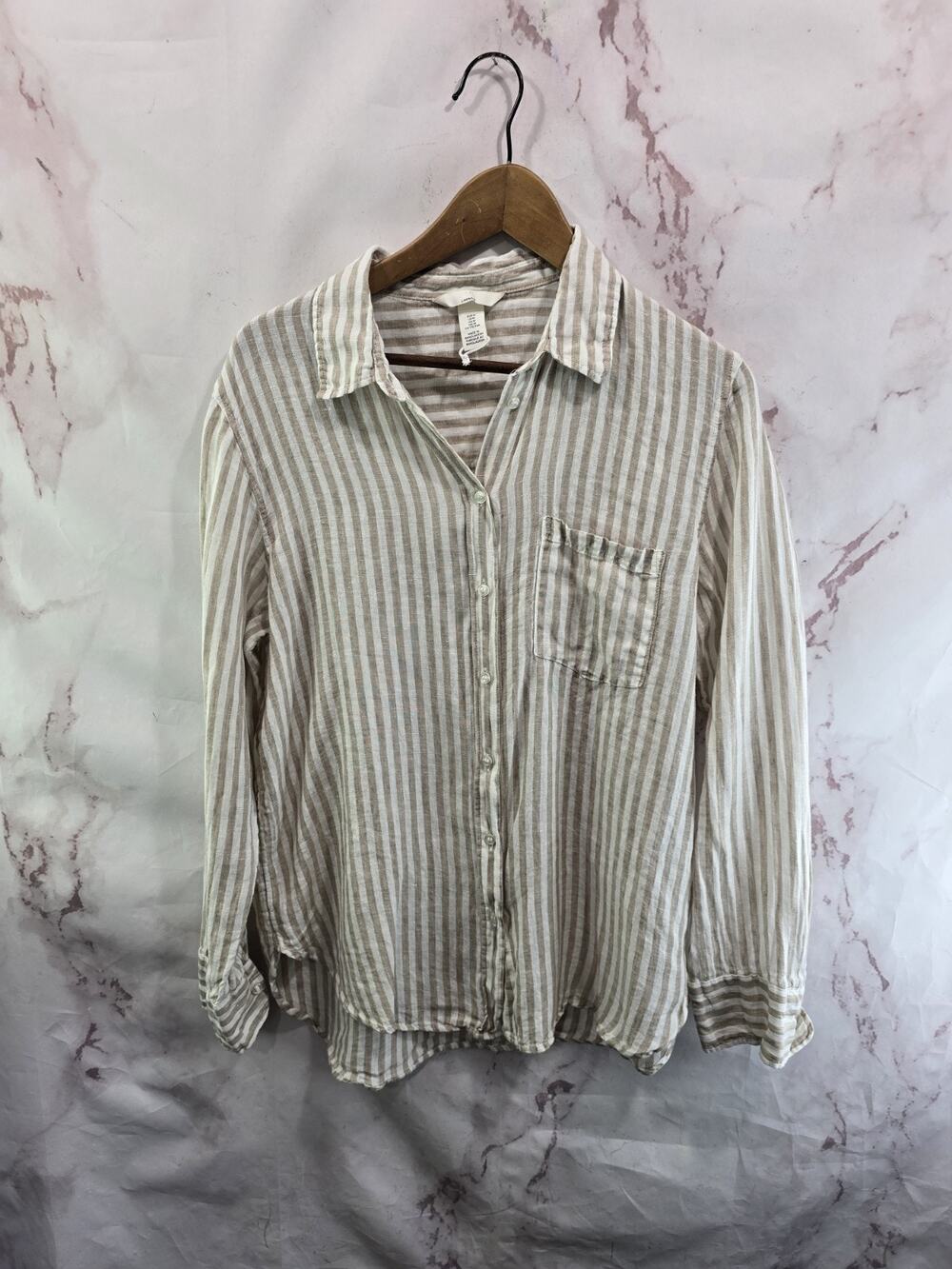 H&M Shirt Womens Medium Beige Brown White Striped Linen Roll Up Button Up Long